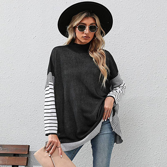 STRIPED PATCHWORK TURTLENECK STYLISH KNIT SWEATER