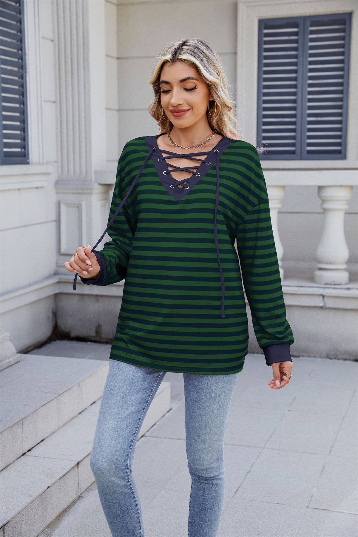Striped V-neck fashion sexy lace-up sweatshirt