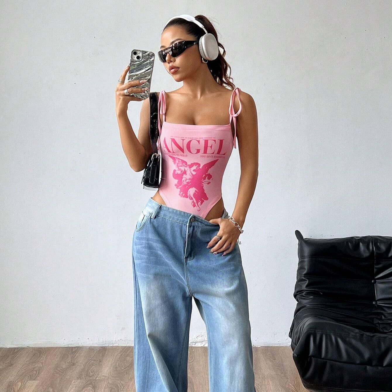 Sexy european style print tie design bodysuit