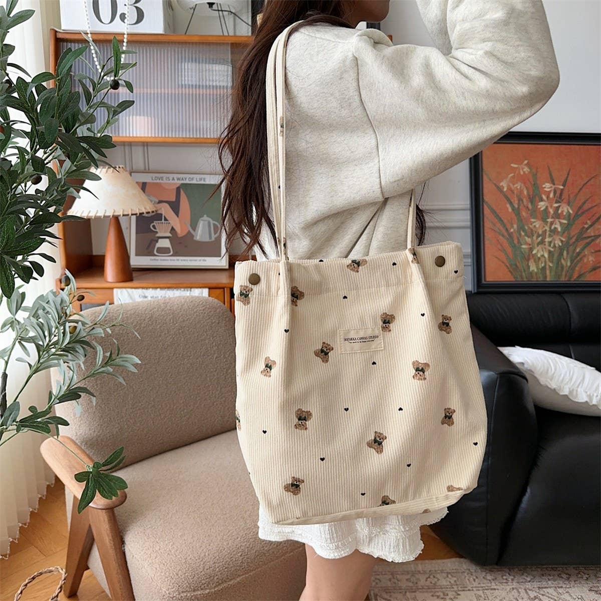 CWAB3901_CORDUROY BEAR PRINT SINGLE SHOULDER UNDERARM BAG