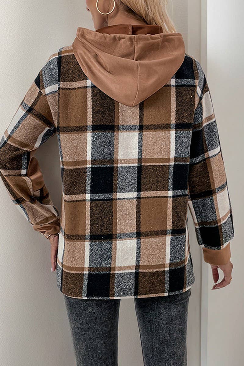 CWOHOL0906_LONG-SLEEVED PLAID COLORBLOCK HOODED SWEATSHIRT