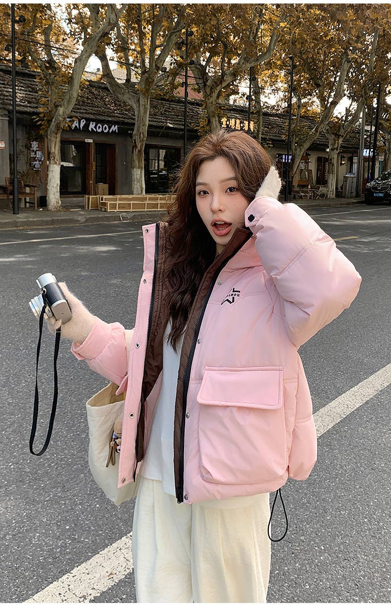 Solid color hooded warm winter padded jacket