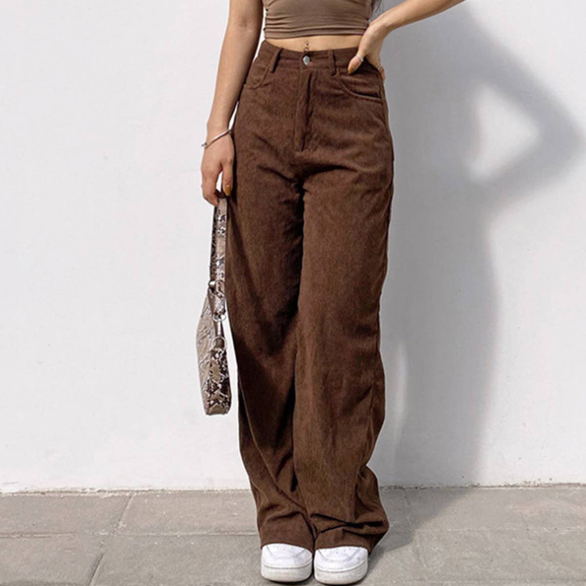 SOLID COLOR HIGH WAISTE CASUAL STRAIGHT LEG PANTS