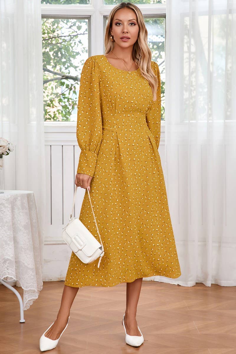 CWDMD3989_SMALL FLORAL ROUND NECK TIE LONG SLEEVE DRESS