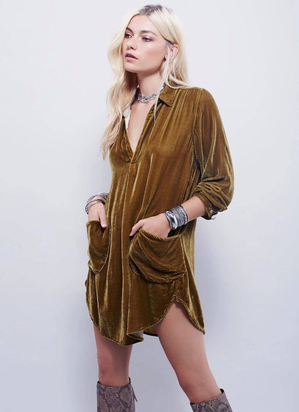 V-NECK LOOSE LONG-SLEEVED CANARY SHIRTDRESS