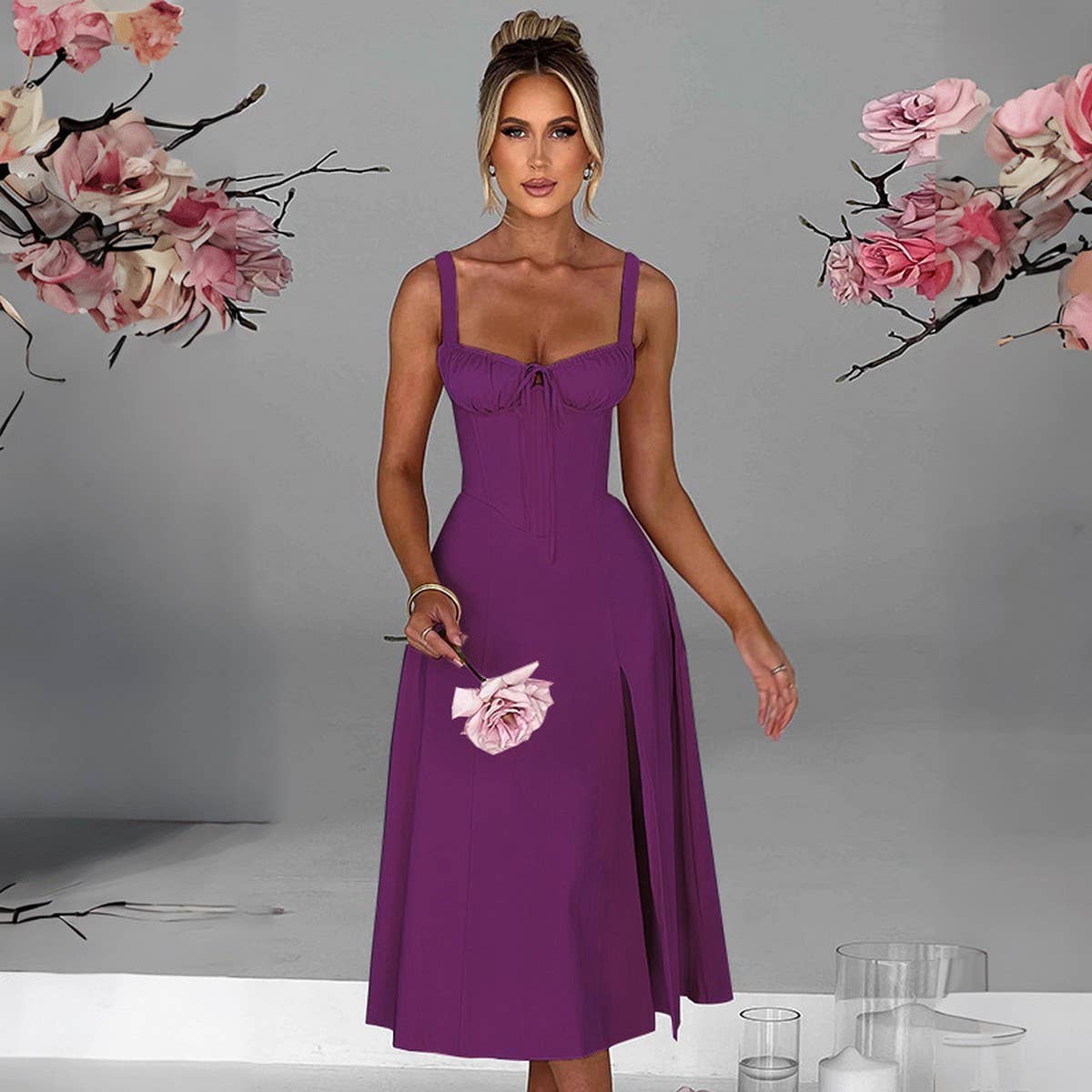 Fashion casual lace-up slim split halter dress