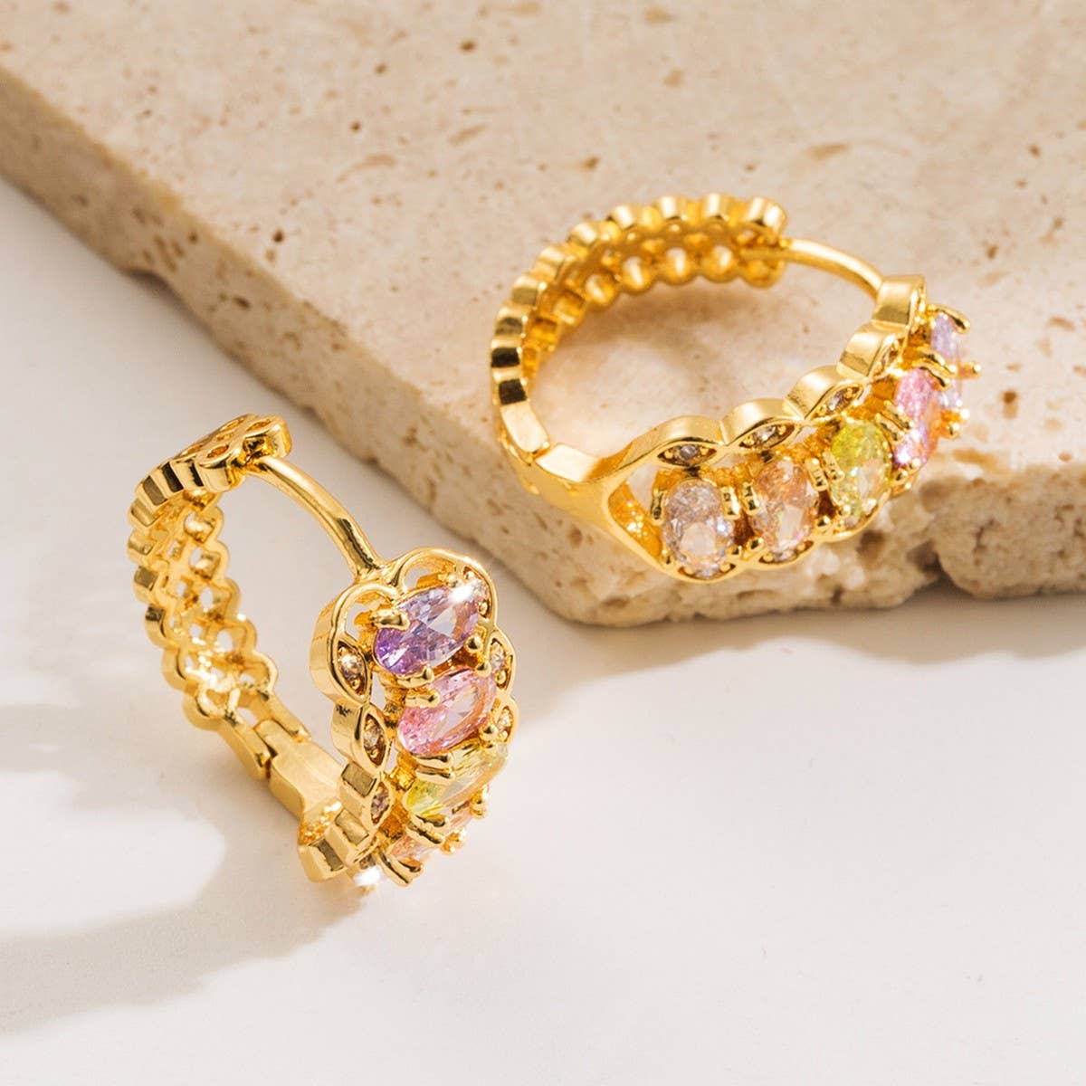 Hip Hop Colorful CZ Hoop Earrings Gold-Plated