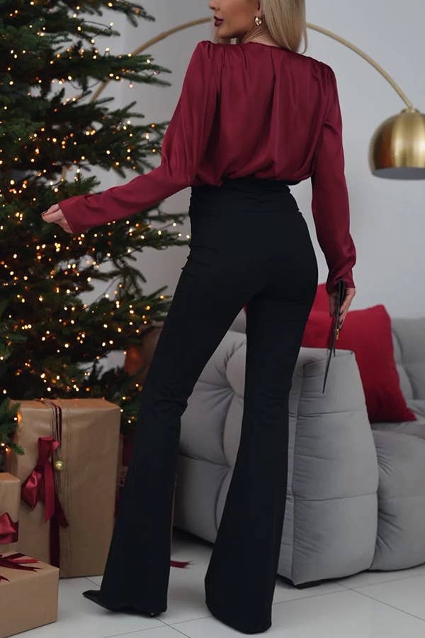 V-NECK FLORAL EMBELLISHED SATIN LONG SLEEVE SHIRT