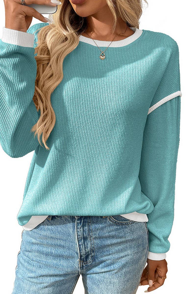 CWOSWL07154_COLORBLOCK KNIT-LOOK CREWNECK LOOSE TOP