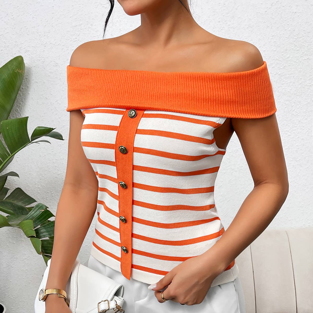 Stylish striped off-the-shoulder pullover sweater