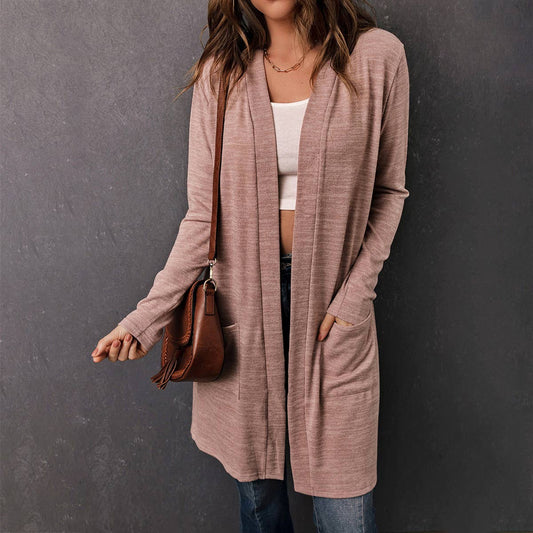 THIN SOLID COLOR SIMPLE LONG LACE-UP CARDIGAN