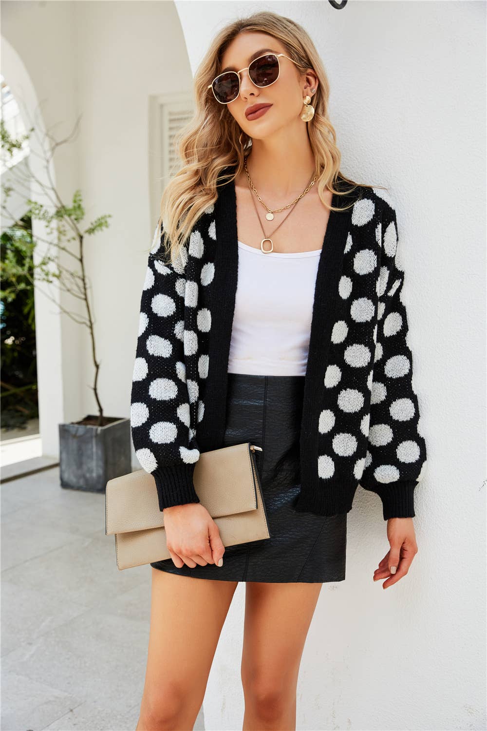 Single breasted polka-dot loose knit cardigan coat