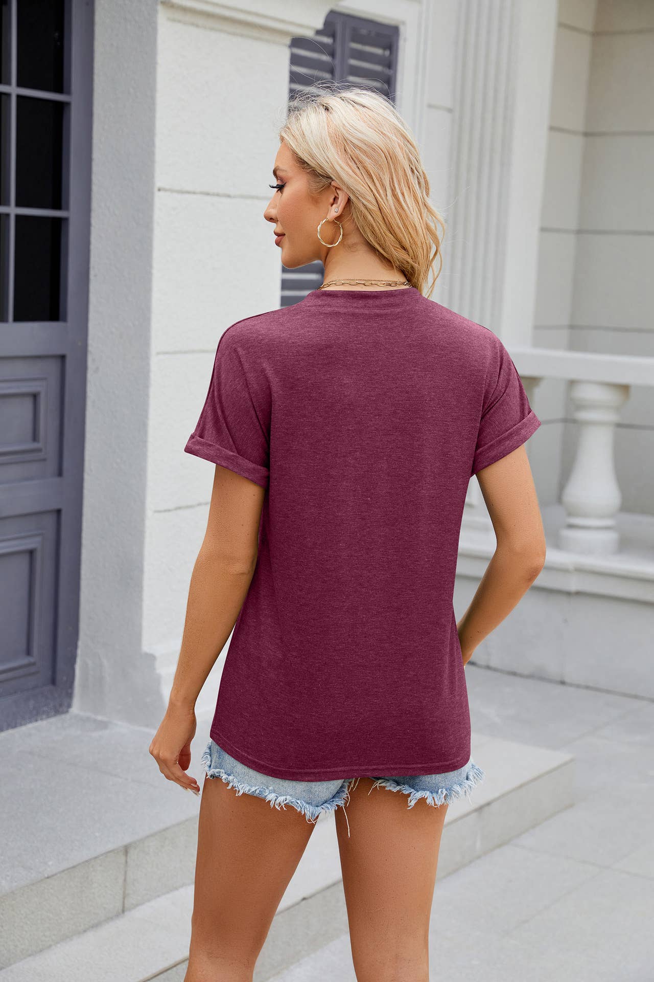 V-neck button solid color short-sleeved T-shirt