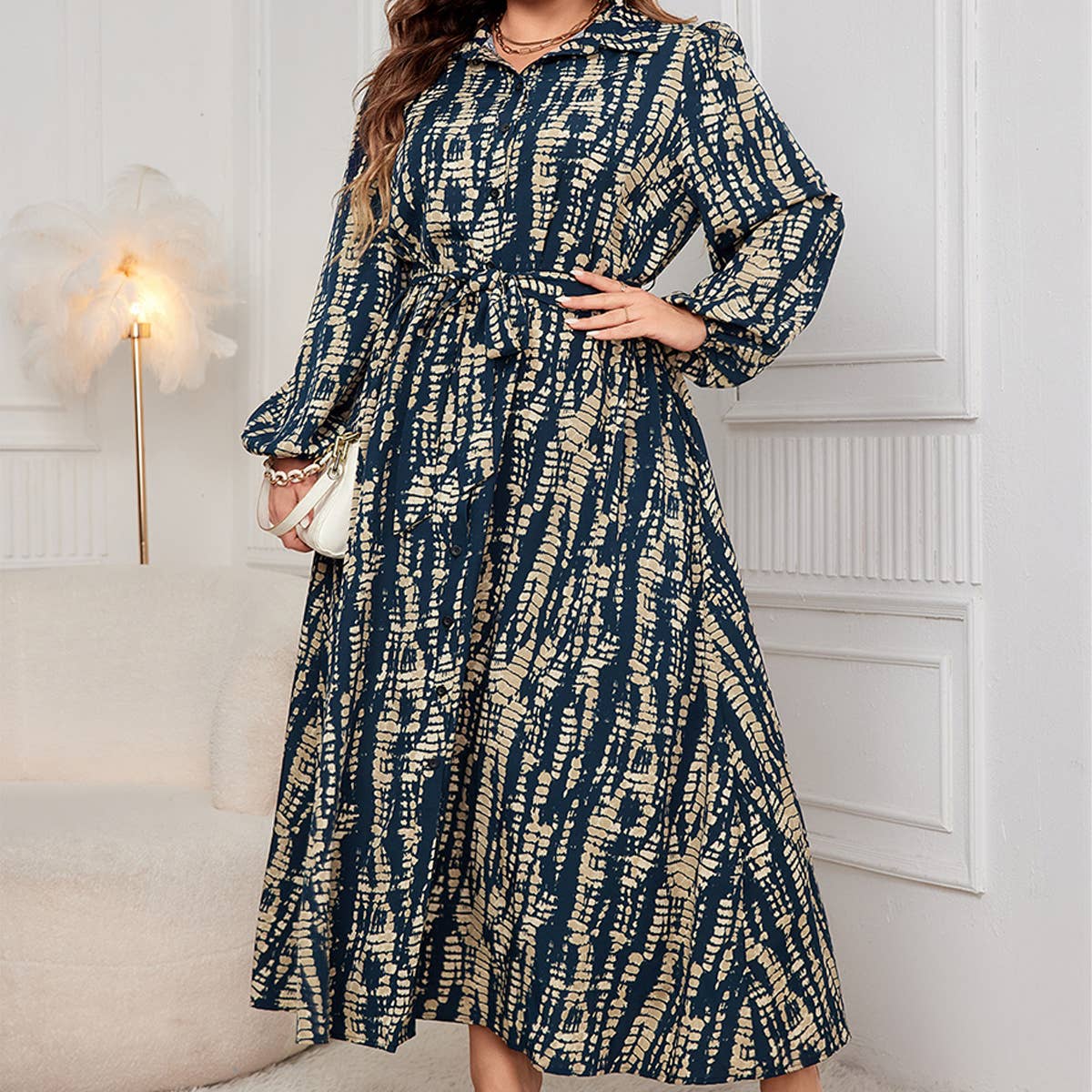 Plus Size Printed Dress ??Polo Collar Long Sleeve_CWDMD5969