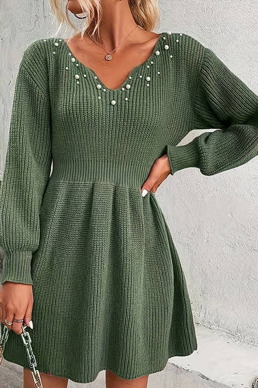 CWDSD7319_AUTUMN AND WINTER V-NECK PLEATED WAIST DRESS