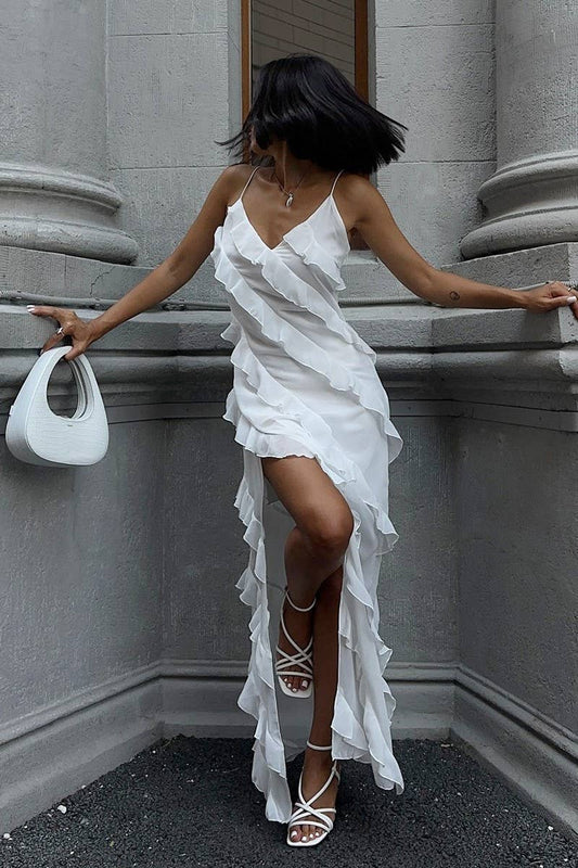 CWDMD5243_RUFFLE HEM SLEEVELESS SPLIT MAXI DRESS