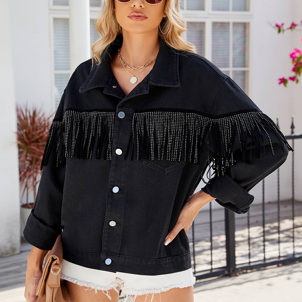 Black Washed Fringe Studded Denim Jacket_CWOCO1209