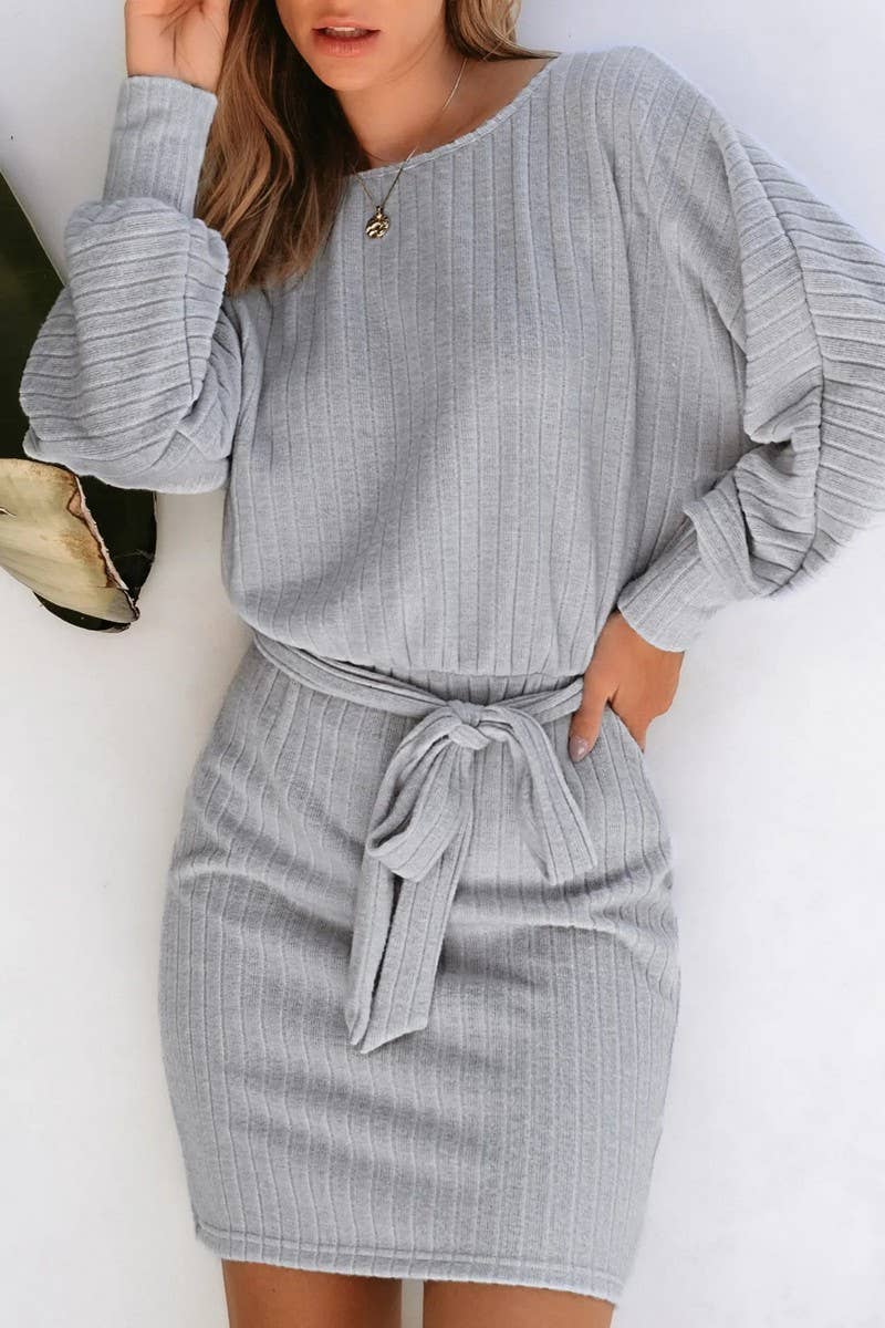 CWDSD10860_BELTED RIBBED KNIT LONG SLEEVE DRESS