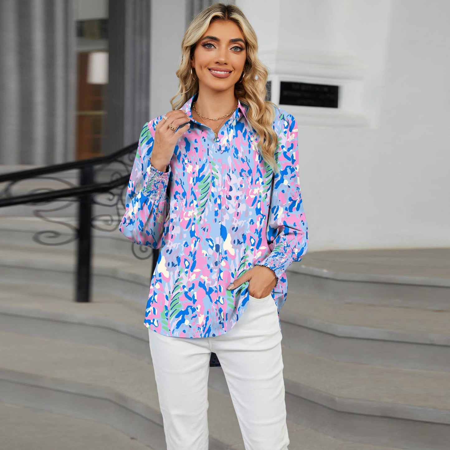 LAPEL FLORAL PRINT CASUAL LONG-SLEEVED SHIRT
