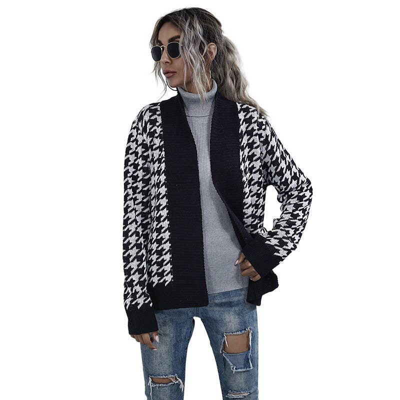V-NECK PLAID FASHION LACE-UP WAIST CARDIGAN