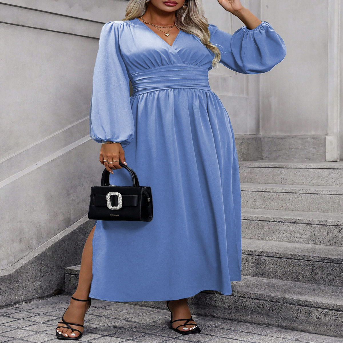 Sexy V-Neck Waist Cinched Long Sleeve Dress
