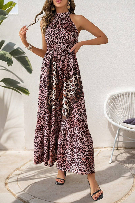 CWDHL0744_BOHO HALTER NECK BUTTERFLY PRINT LEOPARD DRESS