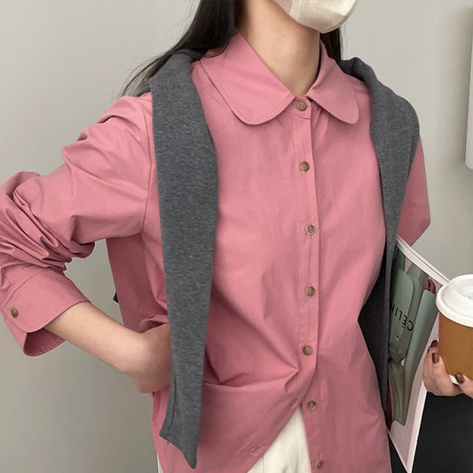 Solid color doll collar washed cotton shirt