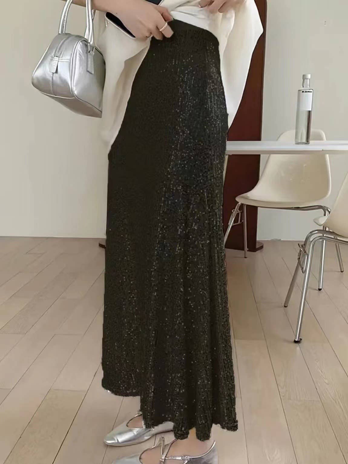 Sequined high-waisted inner elastic drape skirt