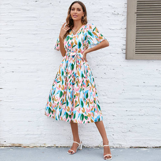 Puffy sleeve V-neck lace-up waist long dress