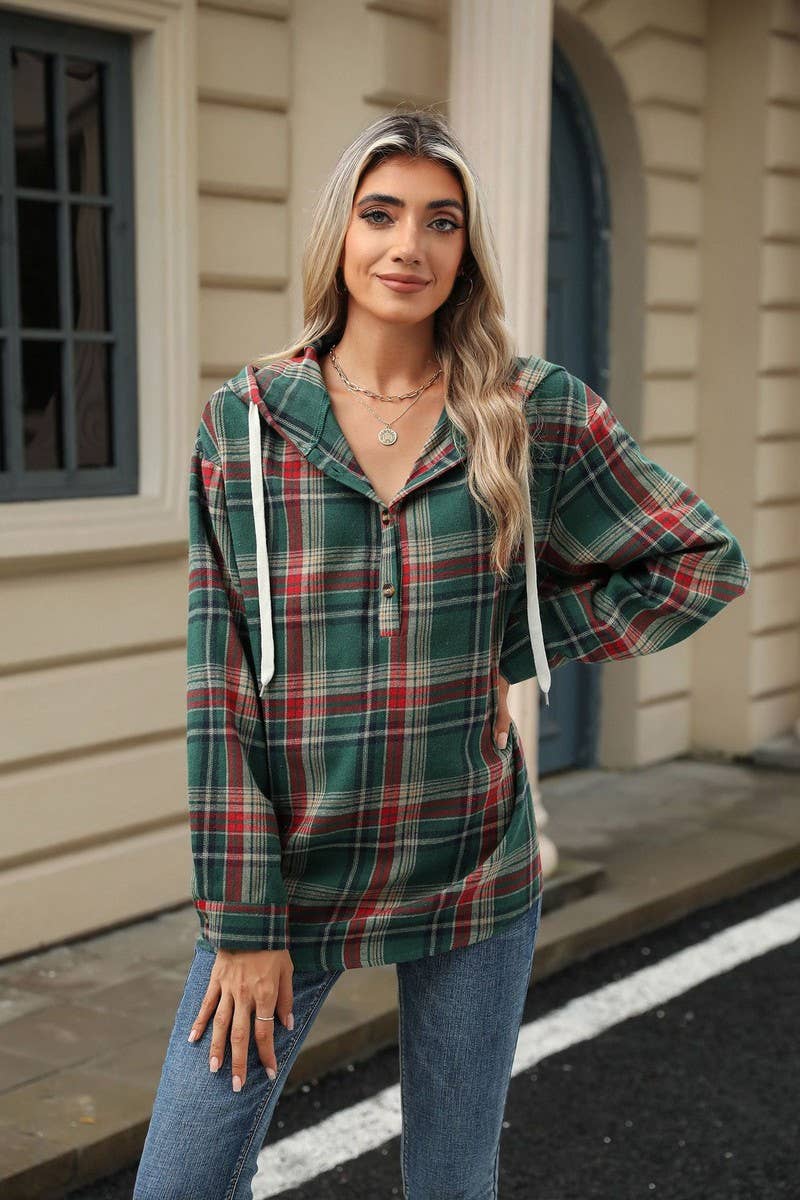 CWOHOL00663_PLAID DRAWSTRING HOODED LOOSE SWEATSHIRT