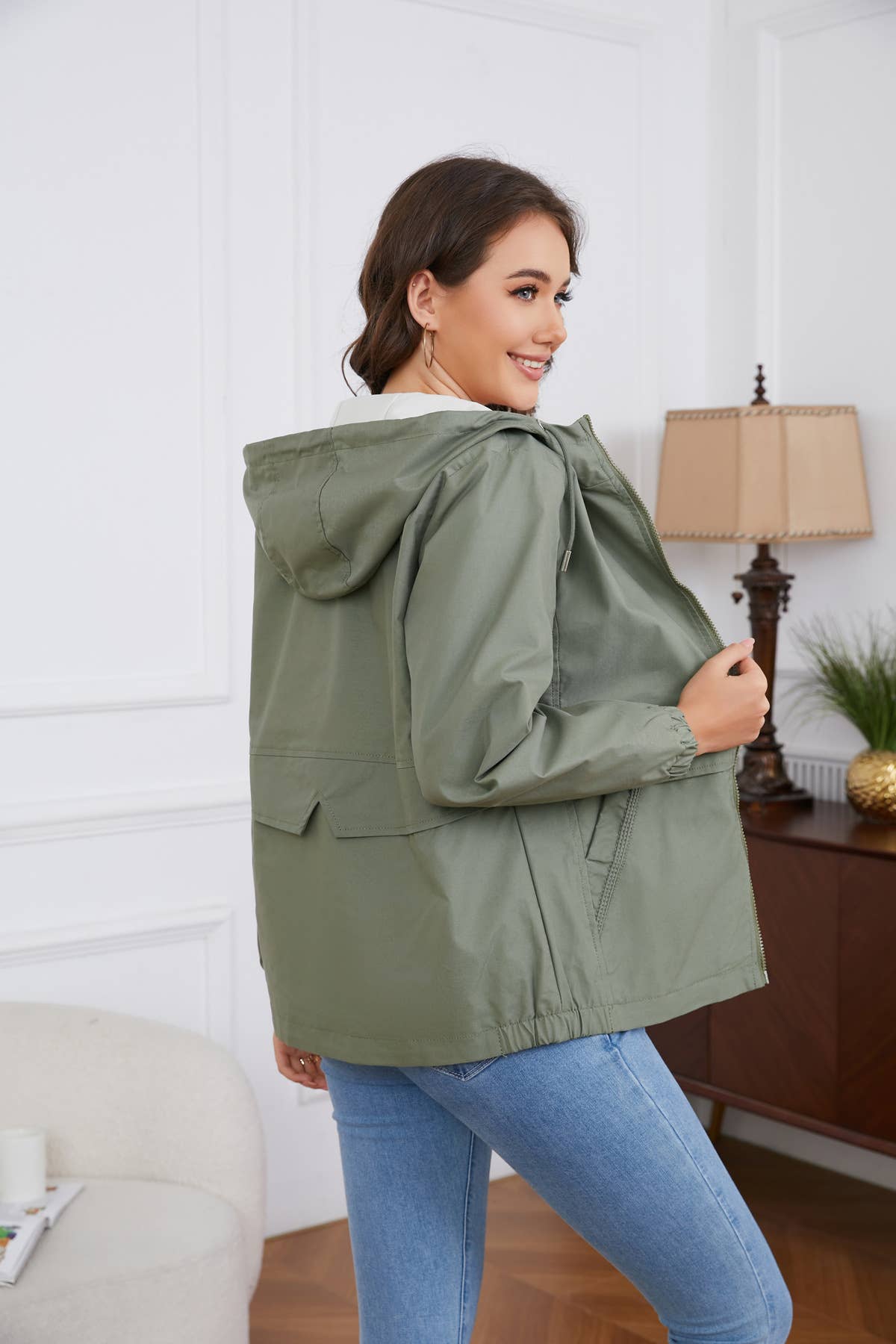 HOODED SOLID COLOR LONG SLEEVE TRENCH COAT