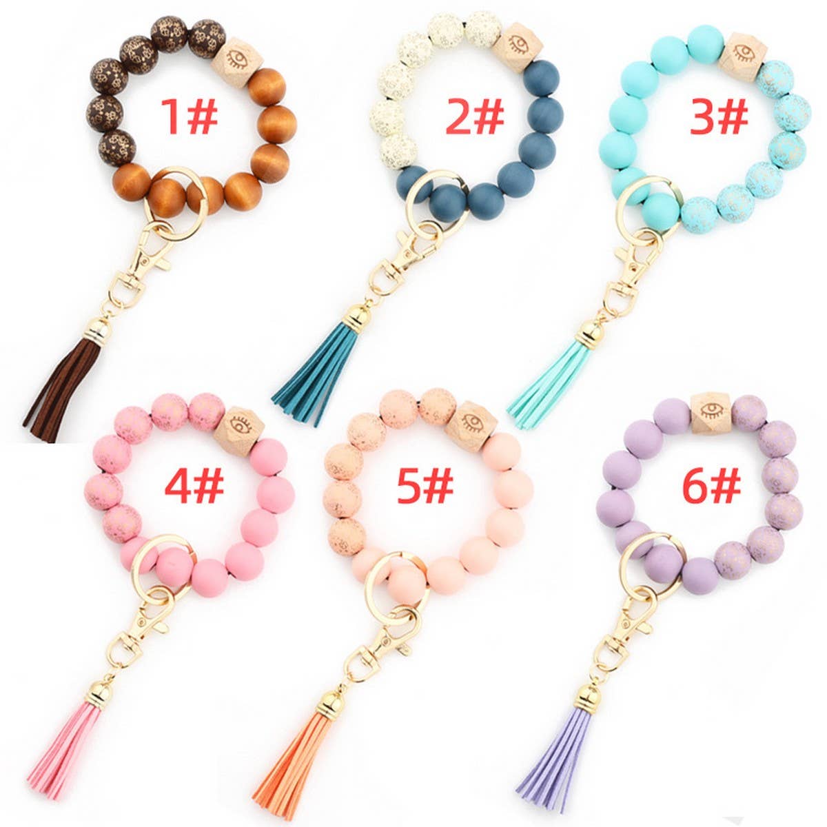 Printed Wood Bead Bracelet with PU Tassel Keychain_CWMM7015