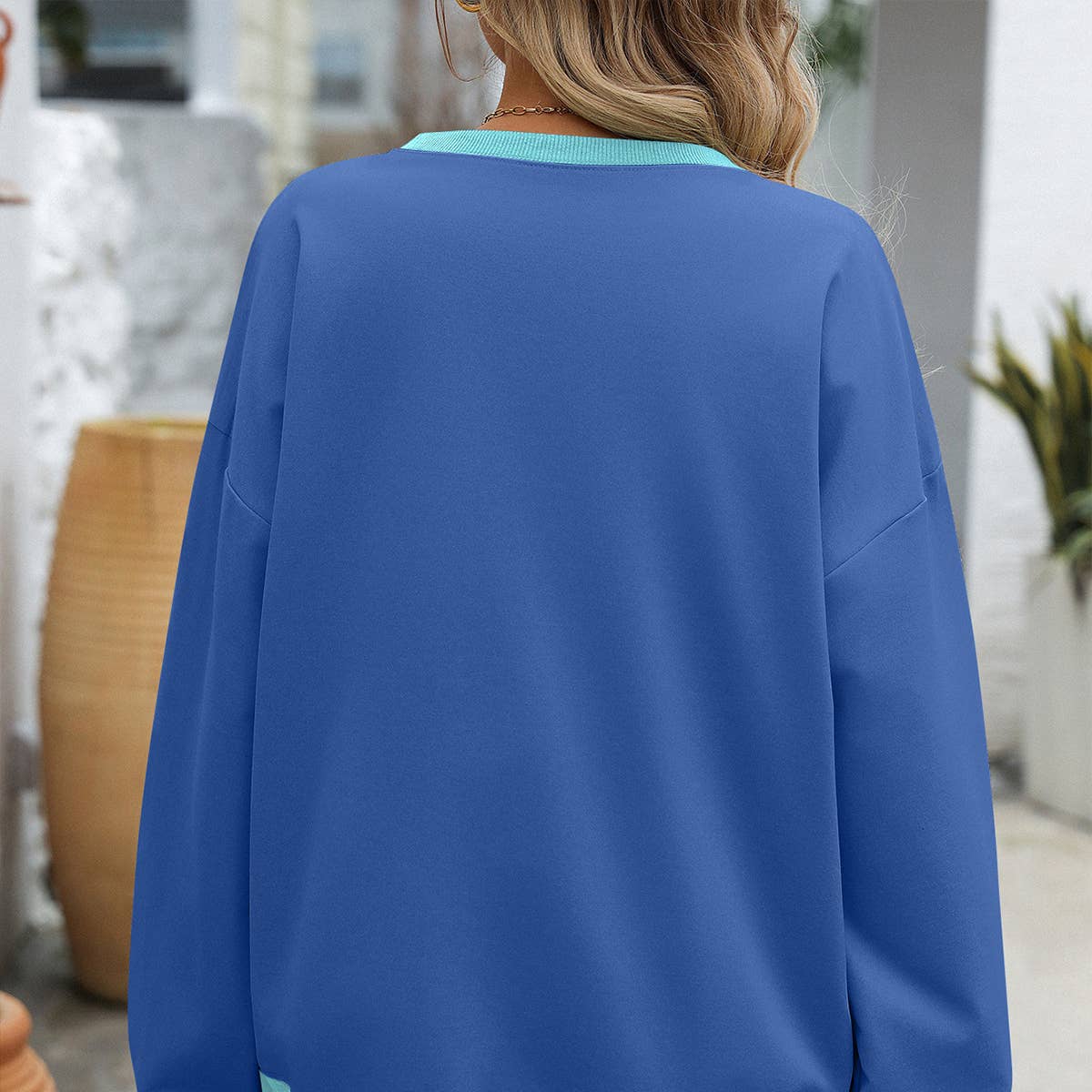 Solid color crew-neck split loose sweatshirt hoodie