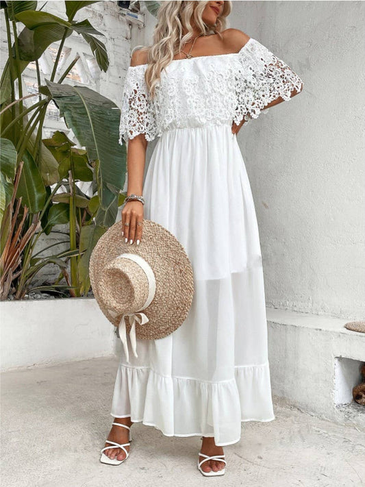 Off-the-shoulder lace patchwork ruffled dress