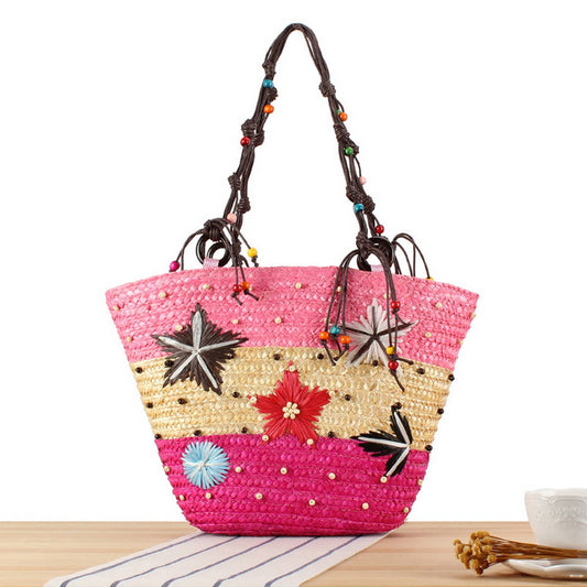 HAND EMBROIDERED STARFISH STRAW BAG_CWAB2017