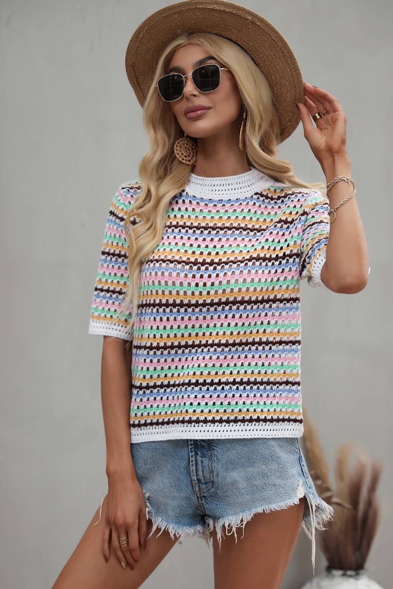 Cwtts0736_Crochet Short Sleeve Pullover Sweater