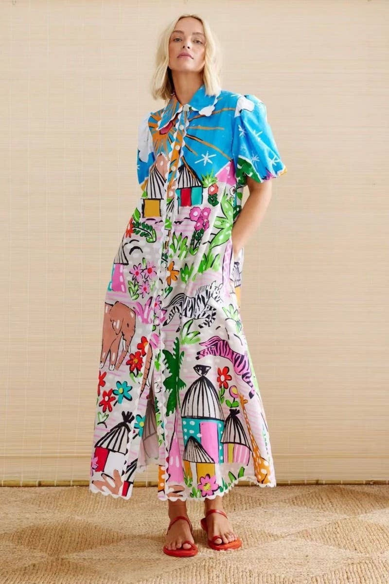 CWDMD00970_LAPEL PRINTED CASUAL CARDIGAN SHORT SLEEVE DRESS