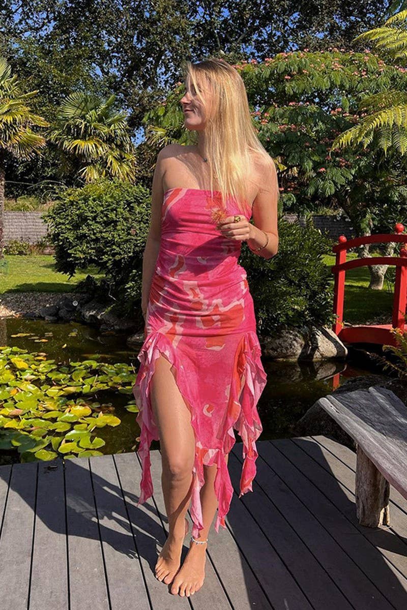 CWDTD0436_FLORAL MESH STRAPLESS RUFFLE VACATION MINI DRESS