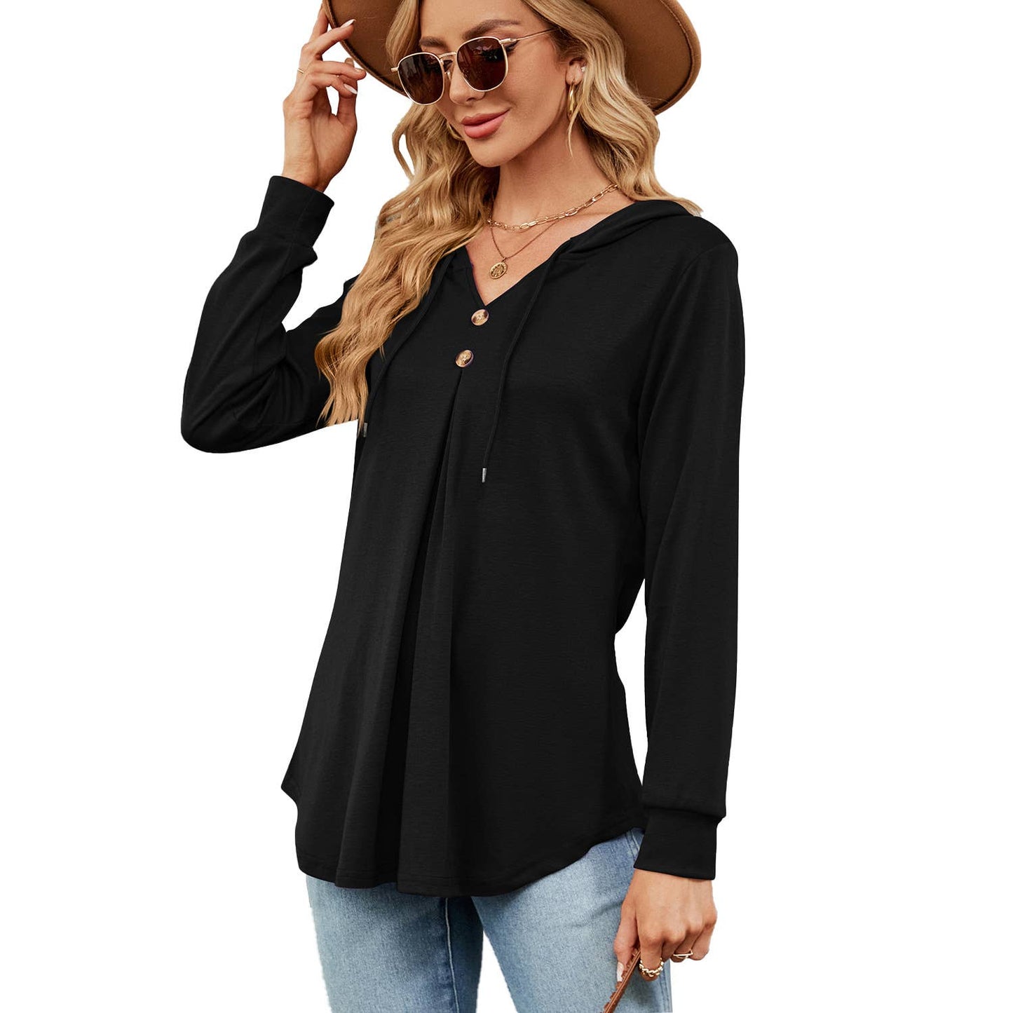 V-NECK BUTTON-UP HOODIE LOOSE LONG-SLEEVED HOODIE