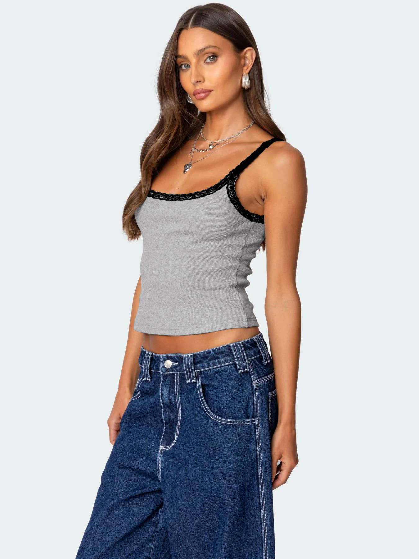 Lace-trimmed and color-blocked halter top