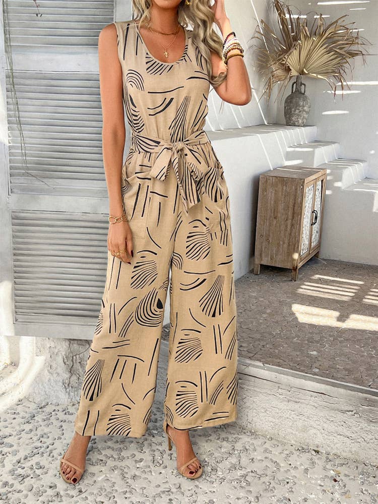 Printed one-piece pants with high-waisted pockets