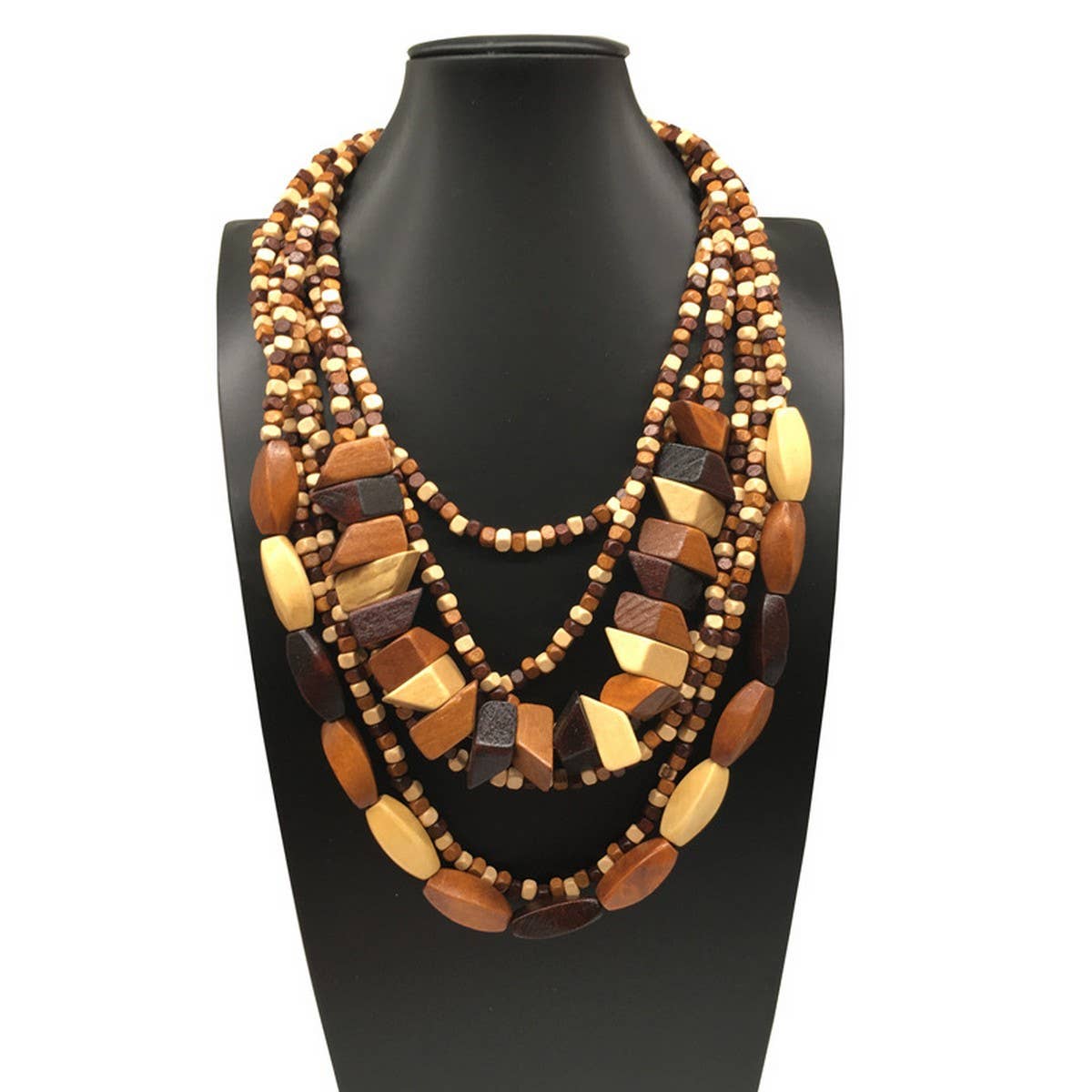 MULTI-LAYERED IRREGULAR WOODEN BEADS NECKLACE