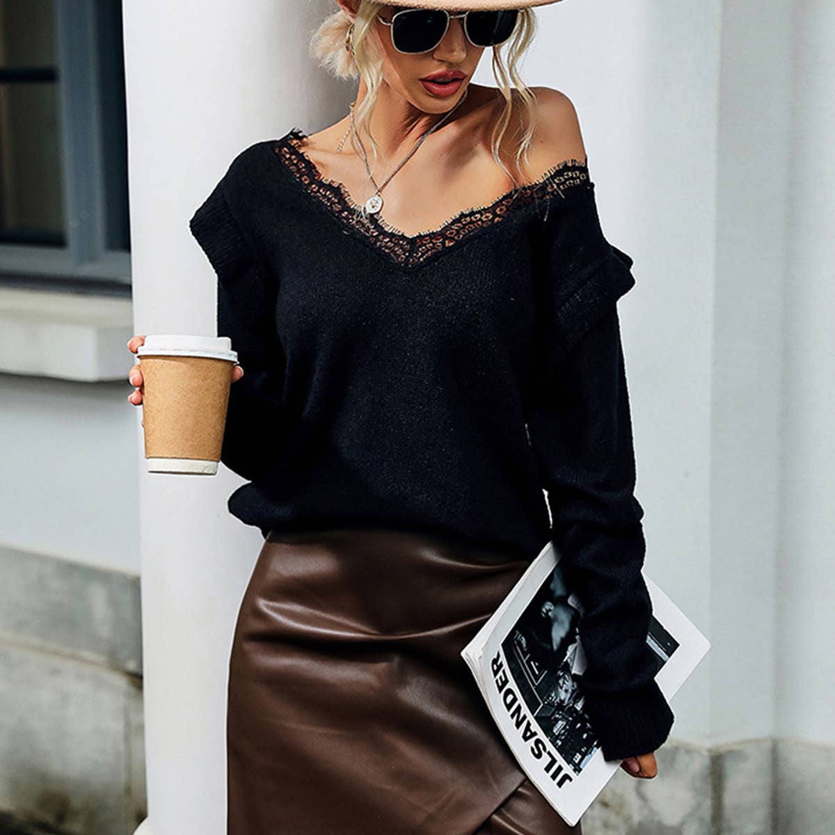 LACE LONG SLEEVE SOLID COLOR V-NECK SWEATER