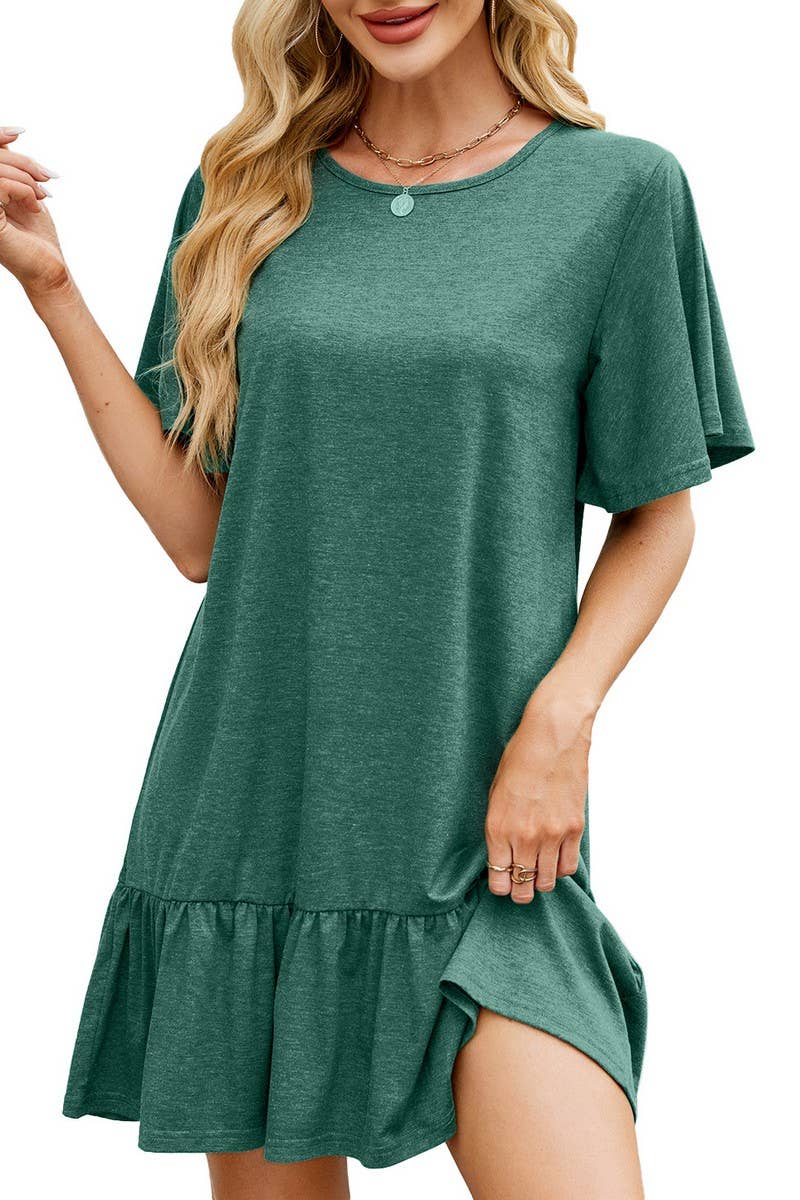 CWDSD7282_SOLID COLOR ROUND NECK LOOSE SHORT SLEEVE DRESS