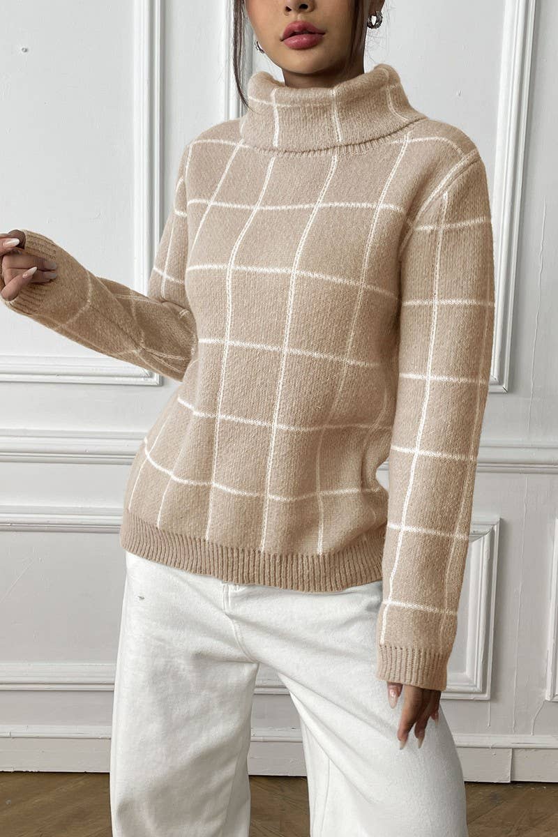 WOMEN PLAID PATTERN HIGH TURTLE NECK FW SWEATER_CWOSWL1439