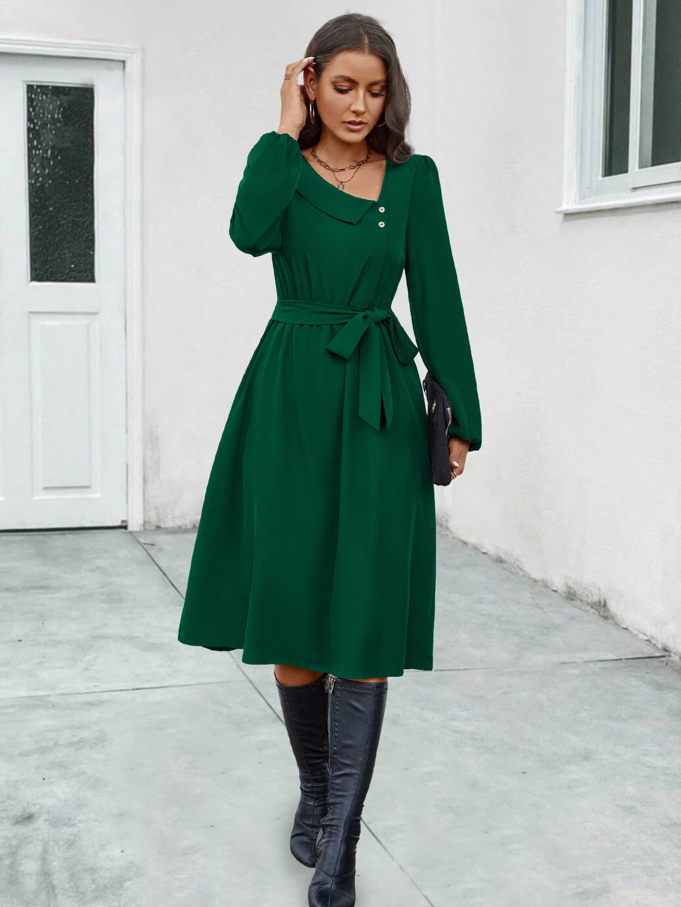 Irregularly collared button long-sleeved dress
