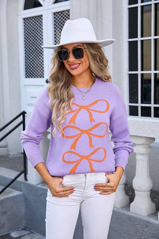 Cwoswl3117_Bow Knit Long Sleeve Pullover Sweater