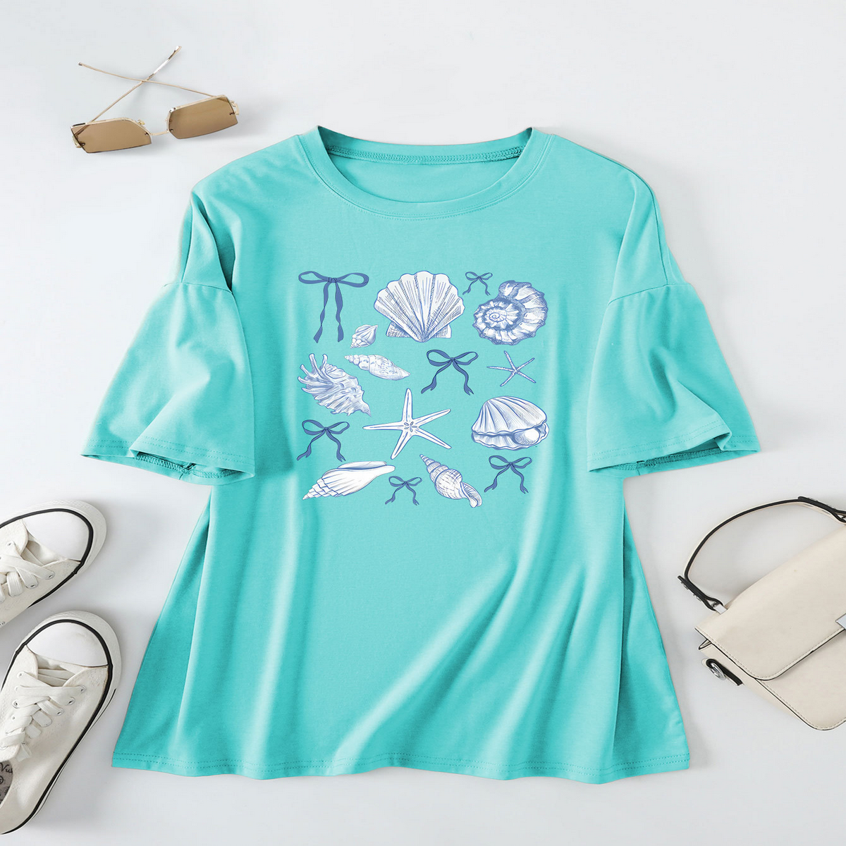 Cute Bow Print T-Shirt for Women, Shell Neckline