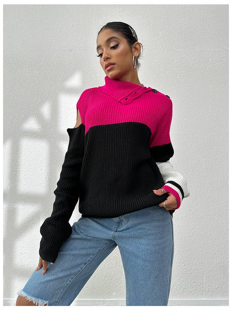 HOODIE OFF-SHOULDER SWEATER IN CONTRASTING COLORS