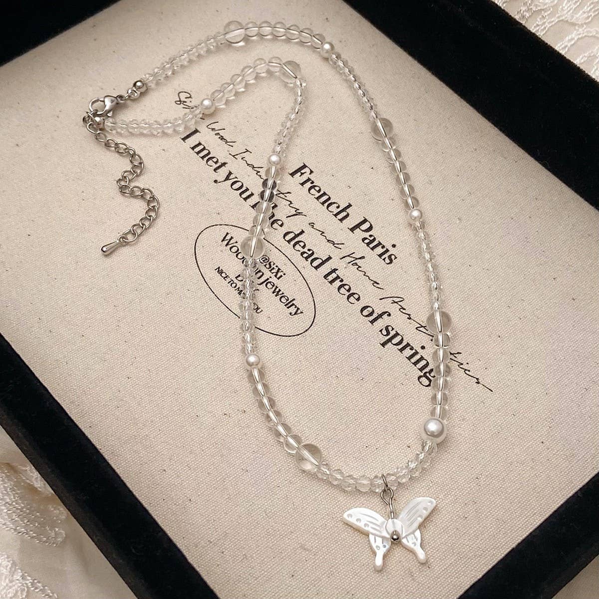 TRANSPARENT CRYSTAL BEADED BUTTERFLY NECKLACE